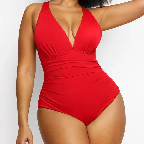 One-Piece with Criss Cross Back & Off-Shoulder Neckline Bodycon Swim Bodysuit