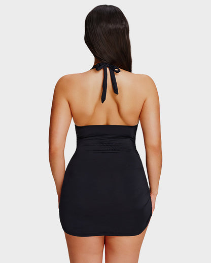 Halter V-Neck Sculpting Swim Dress – 2-Piece Set