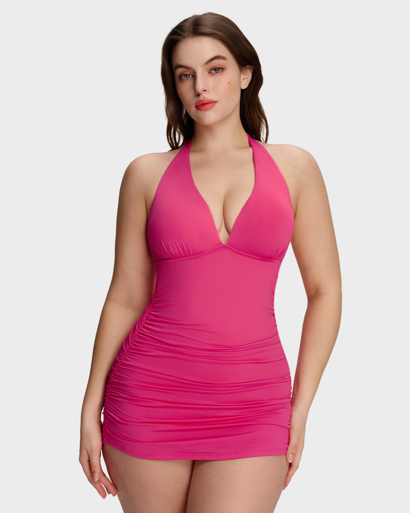 Halter V-Neck Sculpting Swim Dress – 2-Piece Set