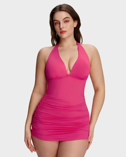 Halter V-Neck Sculpting Swim Dress – 2-Piece Set