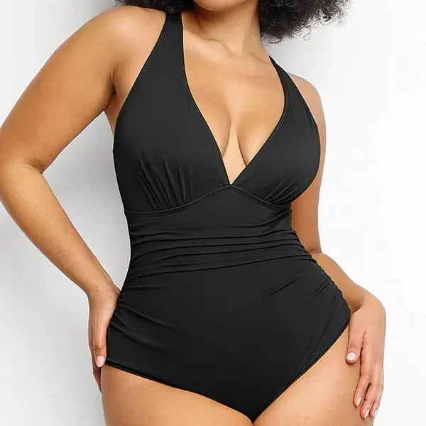 One-Piece with Criss Cross Back & Off-Shoulder Neckline Bodycon Swim Bodysuit